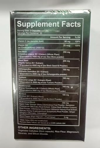 Sea Moss Black Seed Oil Ashwagandha Ginger, Sea Moss Capsule Supplement with Turmeric Burdock Root Bladderwrack Vitamin C Vitamin D3 Enhanced Immunity & Energy Black Seed Oil Capsule 60 Count