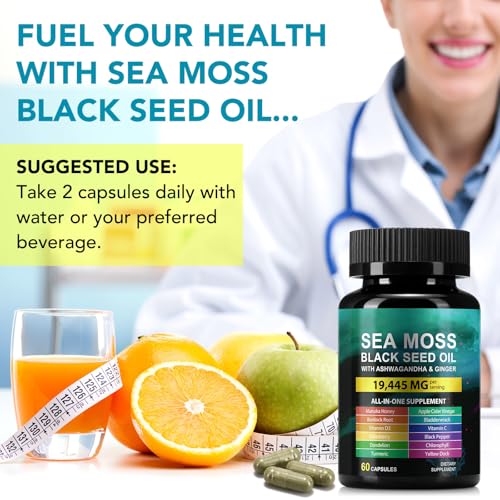 Sea Moss Black Seed Oil Ashwagandha Ginger, Sea Moss Capsule Supplement with Turmeric Burdock Root Bladderwrack Vitamin C Vitamin D3 Enhanced Immunity & Energy Black Seed Oil Capsule 60 Count
