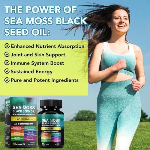 Sea Moss Black Seed Oil Ashwagandha Ginger, Sea Moss Capsule Supplement with Turmeric Burdock Root Bladderwrack Vitamin C Vitamin D3 Enhanced Immunity & Energy Black Seed Oil Capsule 60 Count