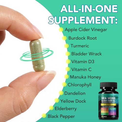 Sea Moss Black Seed Oil Ashwagandha Ginger, Sea Moss Capsule Supplement with Turmeric Burdock Root Bladderwrack Vitamin C Vitamin D3 Enhanced Immunity & Energy Black Seed Oil Capsule 60 Count