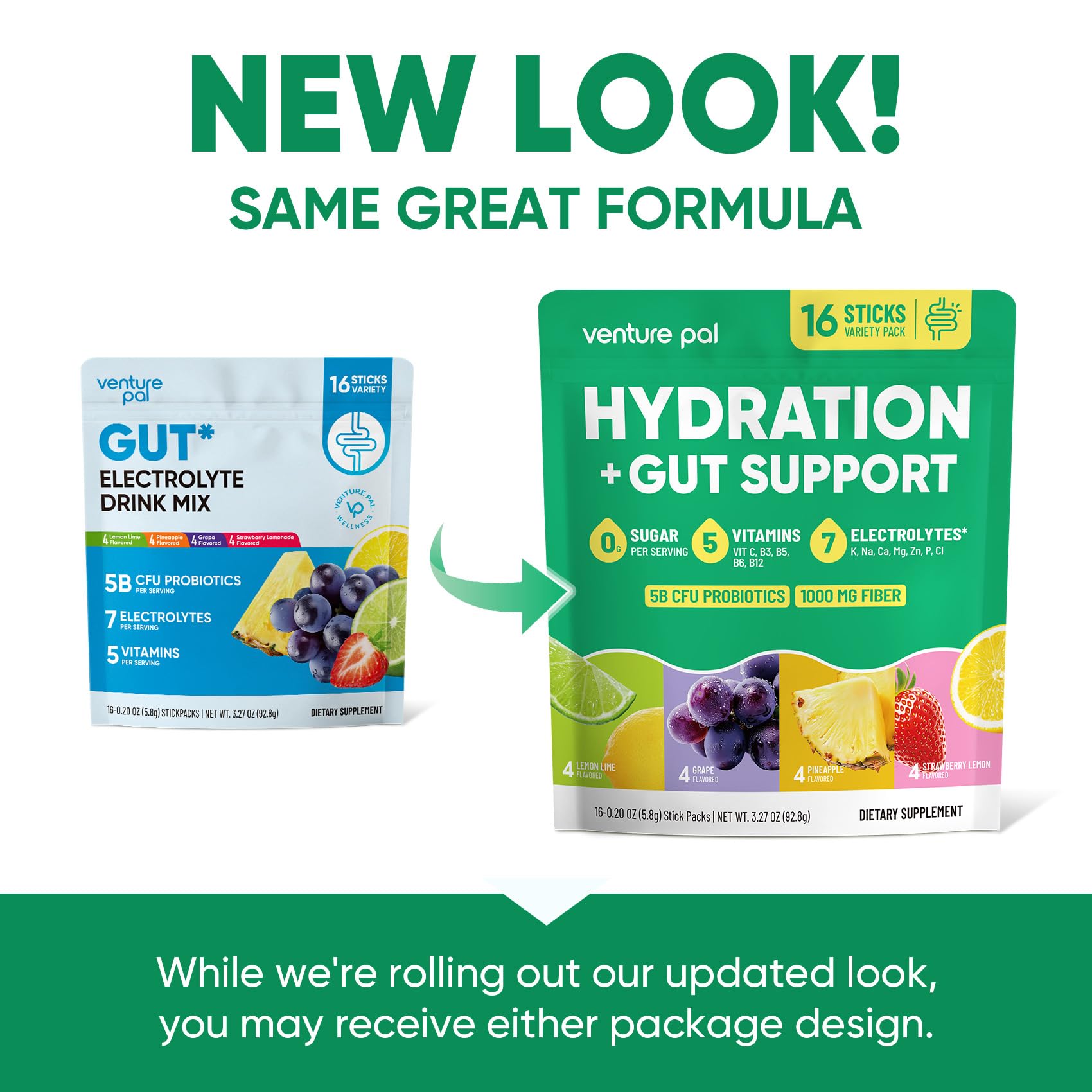 Venture Pal 2-in-1 Hydration Packets + Gut Health Electrolytes Powder - 7 Electrolytes & 5 Vitamins, Probiotics - Sugar Free Liquid Daily IV Drink Mix for Dehydration Relief | Non-GMO | 16 Sticks
