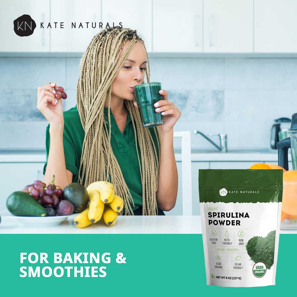 Kate Naturals Organic Spirulina Powder for Immune Support and Antioxidants. Nutrient Dense Superfood Supplement (USDA Certified, Non-GMO, Gluten- Free)