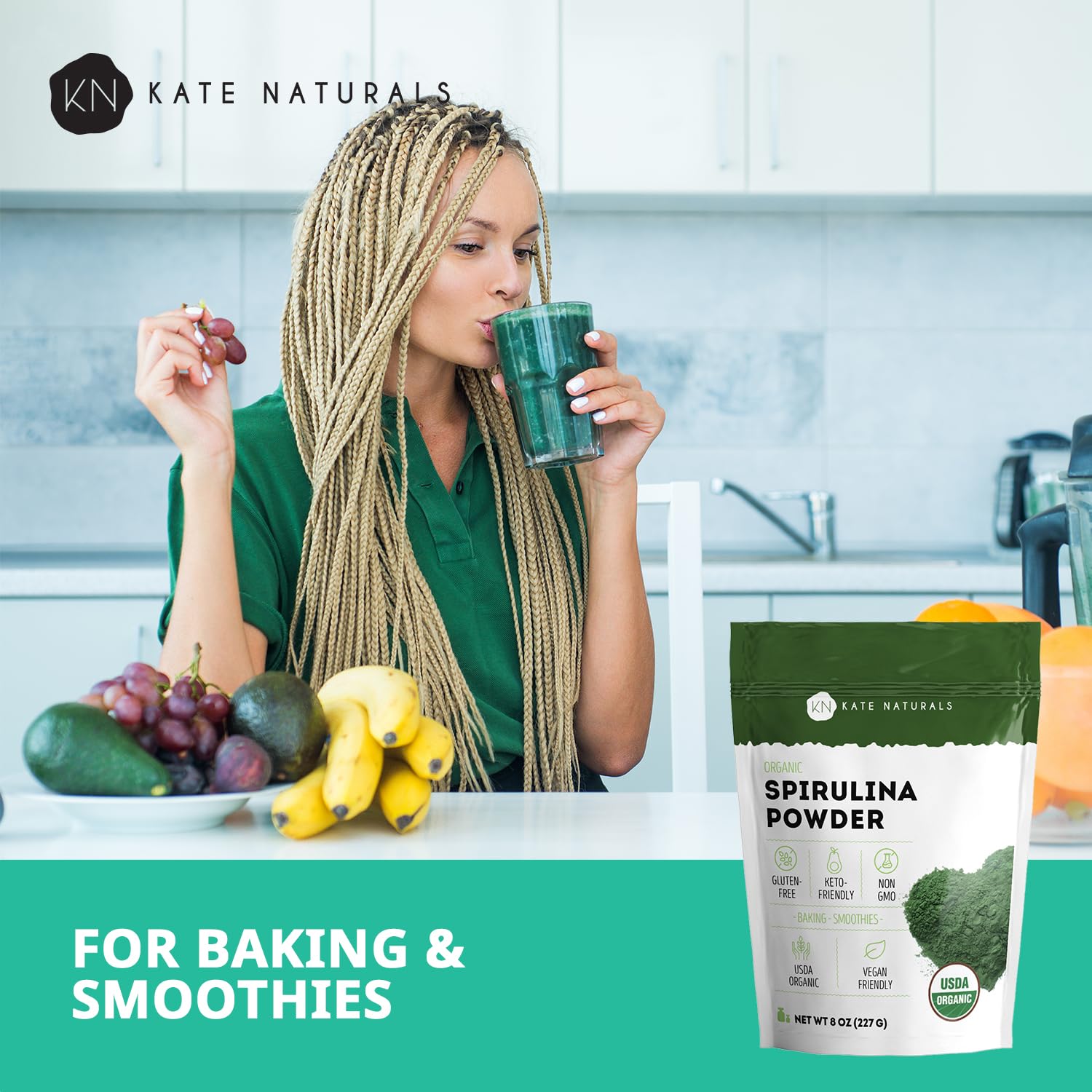 Kate Naturals Organic Spirulina Powder for Immune Support and Antioxidants. Nutrient Dense Superfood Supplement (USDA Certified, Non-GMO, Gluten- Free)