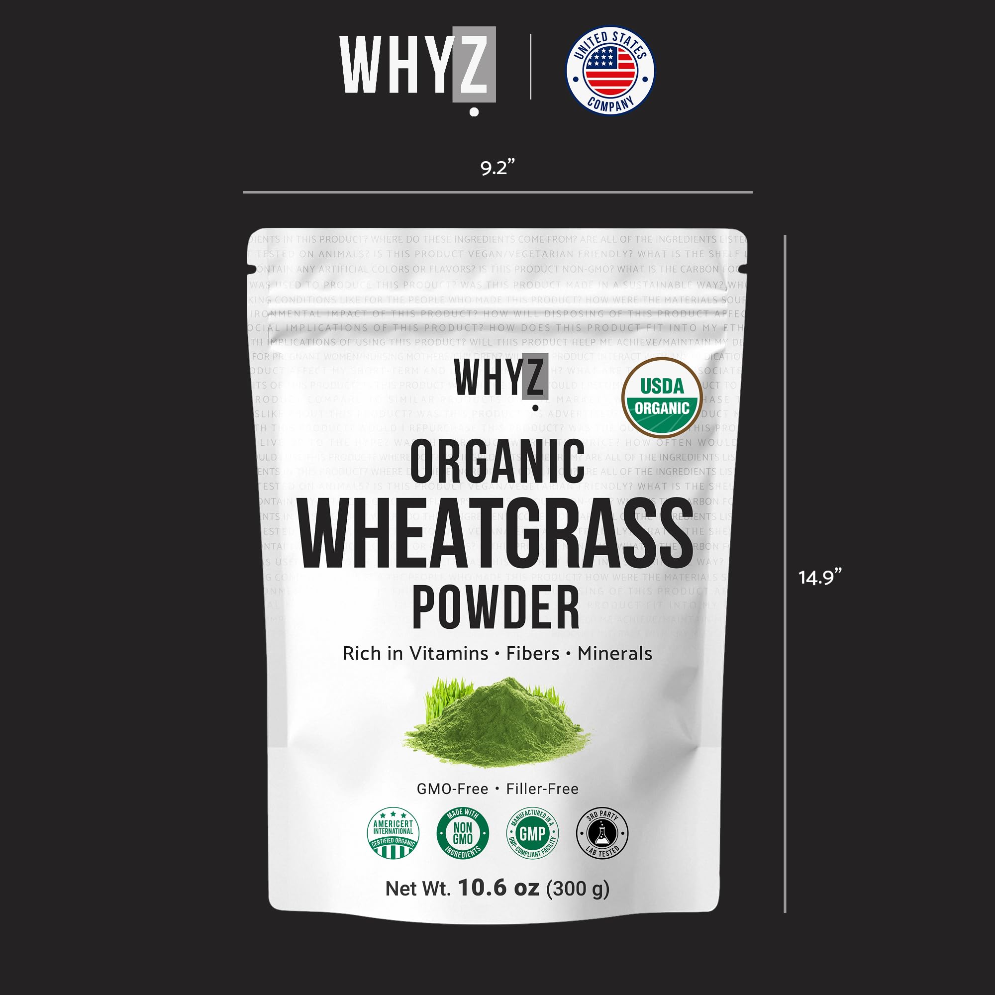 WHYZ Organic Wheat Grass Powder, 300g, Pure, Nutrient-Rich Organic Wheatgrass for Daily Detox, Wheat Grass Powder from Premium Wheatgrass Seeds for Smoothies & Wellness