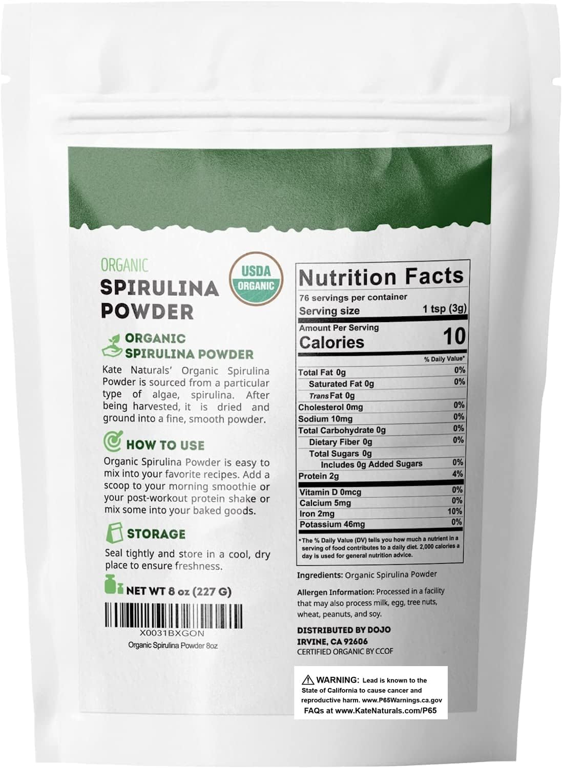 Kate Naturals Organic Spirulina Powder for Immune Support and Antioxidants. Nutrient Dense Superfood Supplement (USDA Certified, Non-GMO, Gluten- Free)