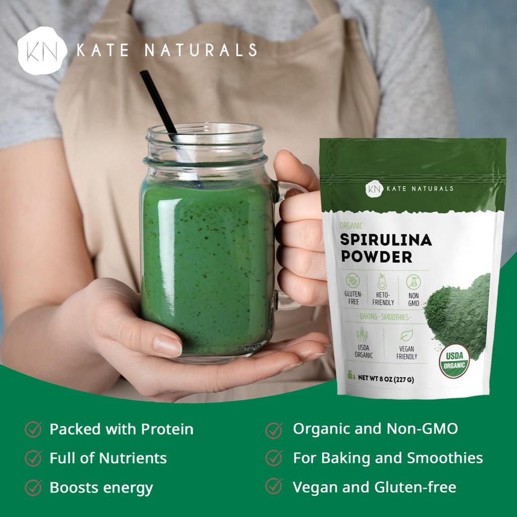 Kate Naturals Organic Spirulina Powder for Immune Support and Antioxidants. Nutrient Dense Superfood Supplement (USDA Certified, Non-GMO, Gluten- Free)