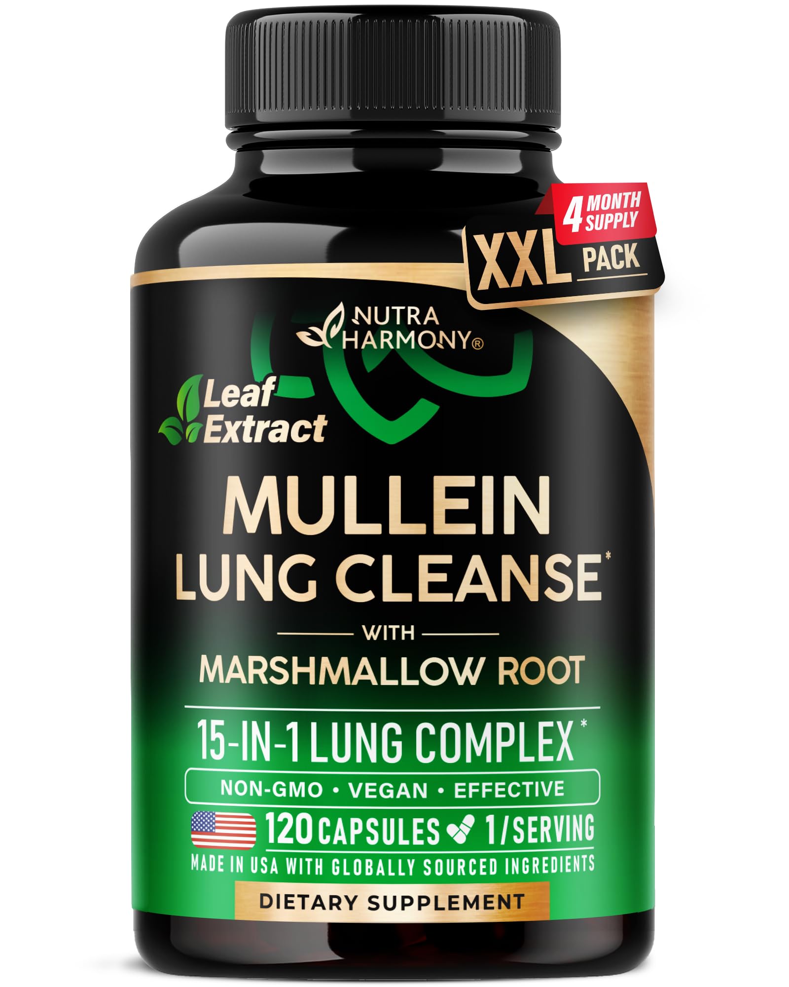 NUTRAHARMONY Mullein Lung Detox - Mullein Leaf Extract - Marshmallow Root | Echinacea | Oregano | Quercetin | NAC - 15-in-1 Lung Support & Cleanse for Smokers Supplement - Made in USA
