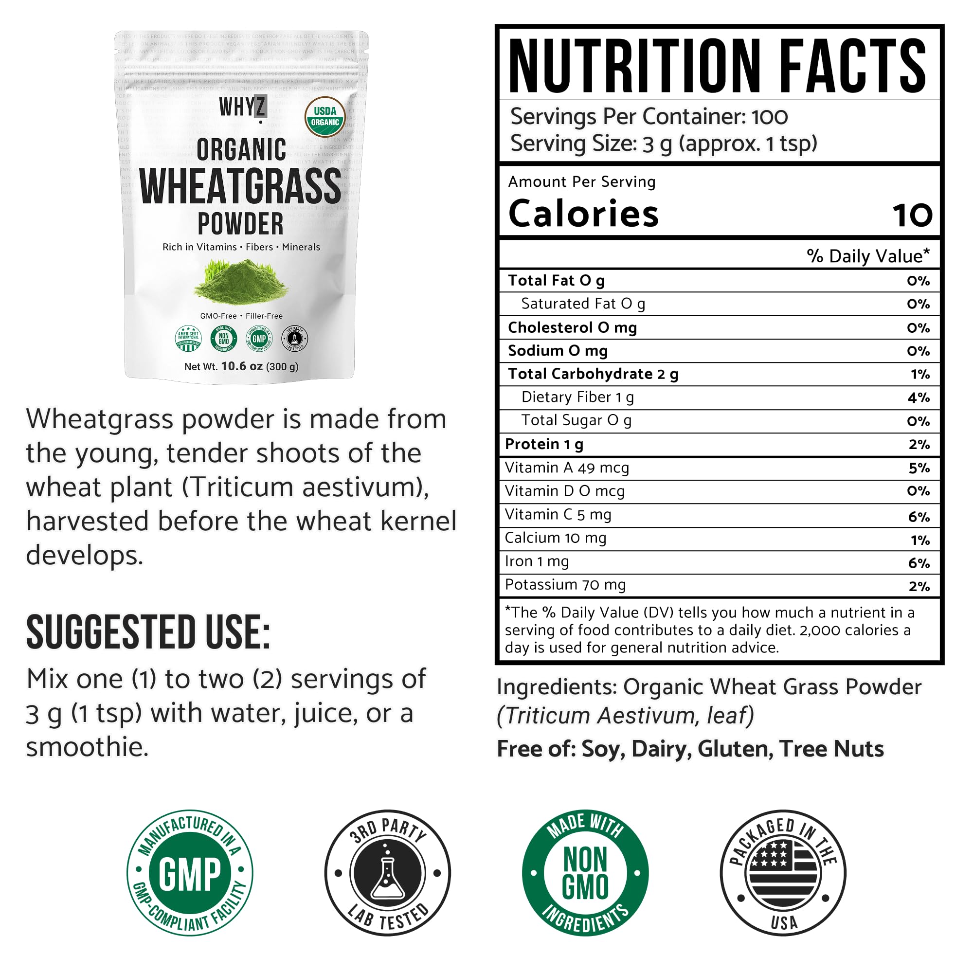 WHYZ Organic Wheat Grass Powder, 300g, Pure, Nutrient-Rich Organic Wheatgrass for Daily Detox, Wheat Grass Powder from Premium Wheatgrass Seeds for Smoothies & Wellness