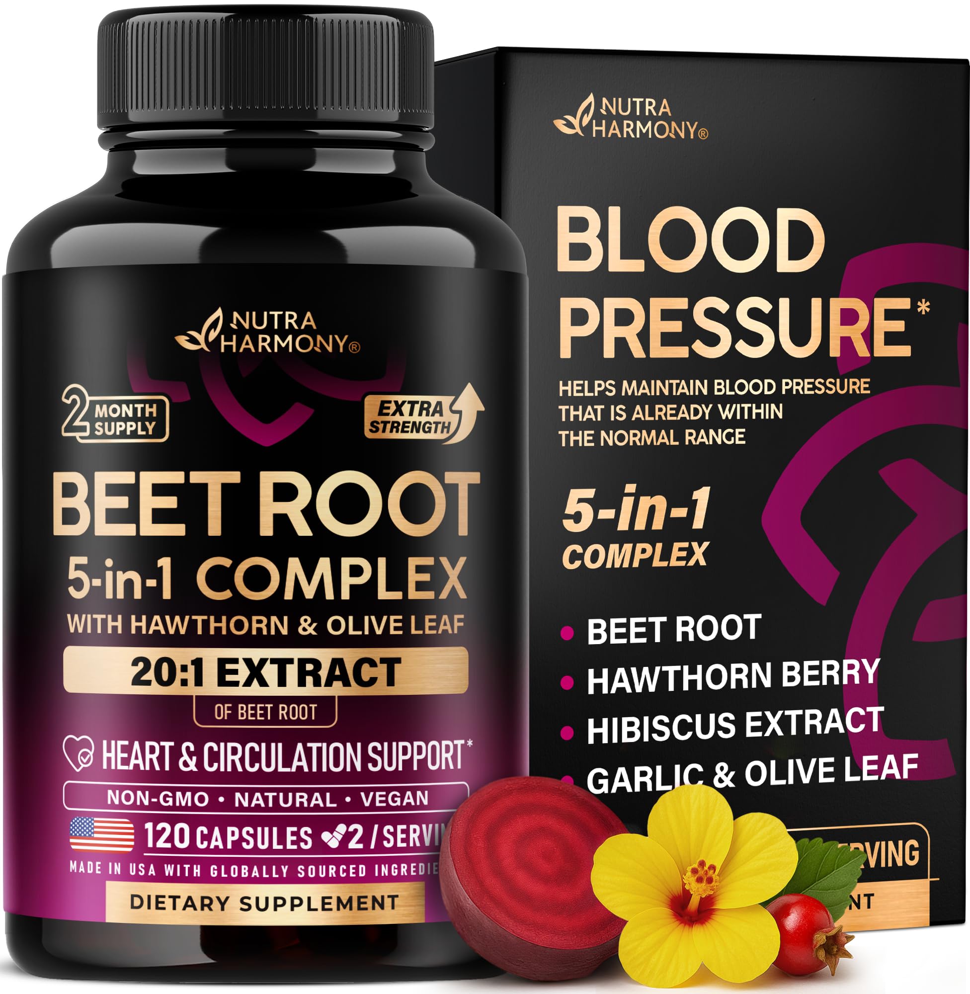 Beet Root Capsules - Healthy Blood Pressure Support Supplement** for Heart & Circulation Support - with Hawthorn Berry, Hibiscus & Garlic - Nitric Oxide for Energy - Made in USA