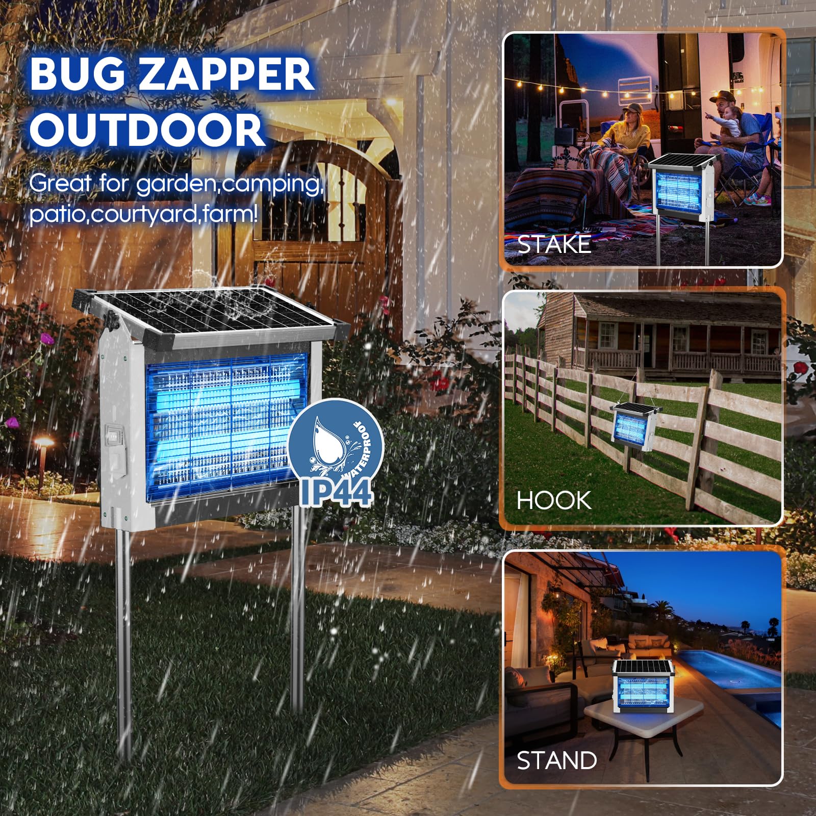 Solar Bug Zapper Outdoor, PhatroyYee Mosquito Zapper 4500V, Waterproof Portable Fly Zapper, Rechargeable Electric Mosquito Killer, Cordless Fly Insect Mosquito Trap for Patio Yard Home Garden Camping