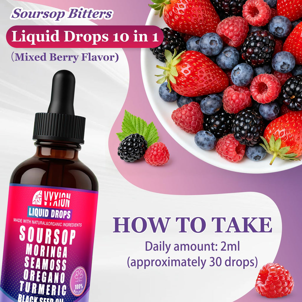 Vyxion Soursop Bitters Liquid Drops 10 in 1, Extracts for Overall Health-Enhancing | Vegan, Non-GMO