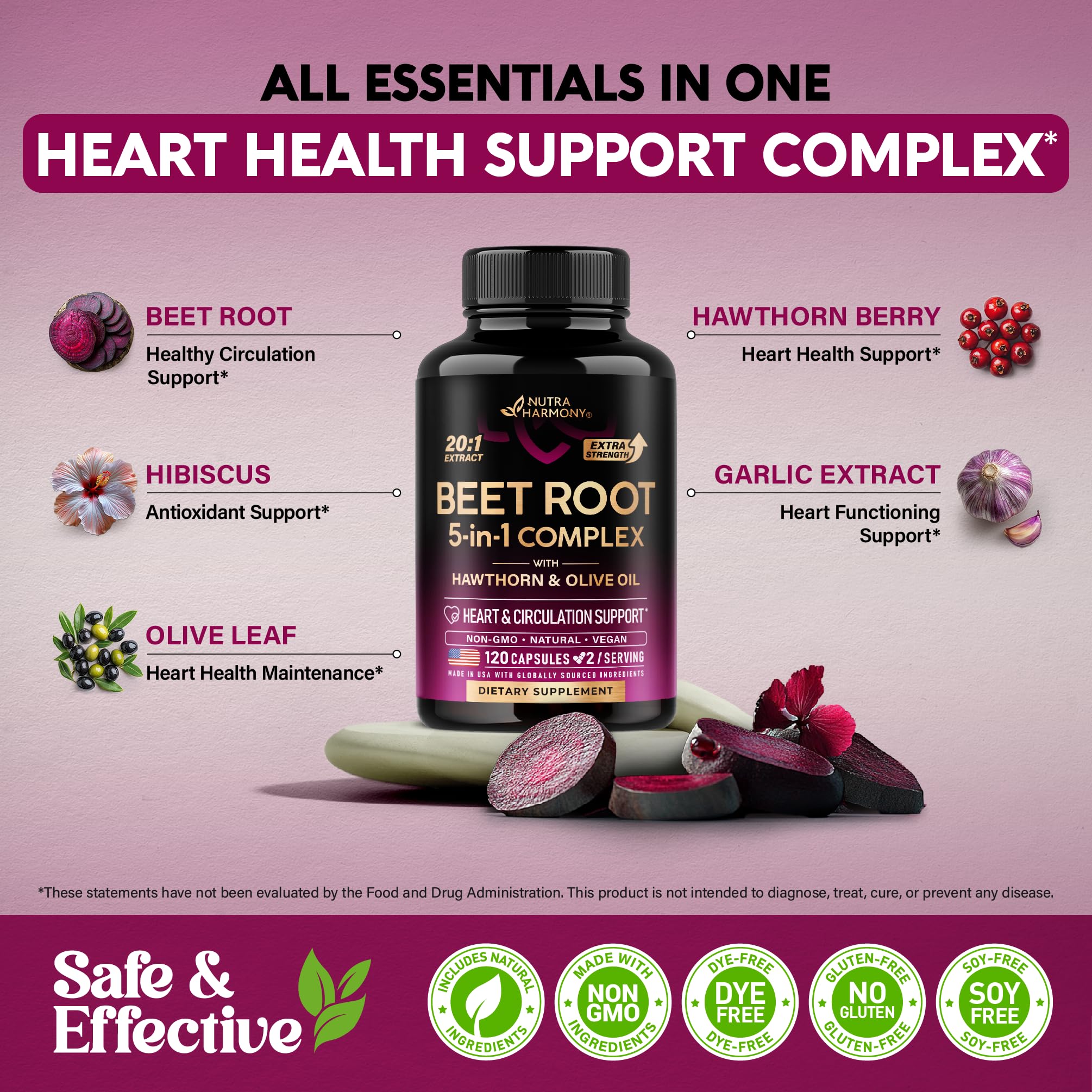 Beet Root Capsules - Healthy Blood Pressure Support Supplement** for Heart & Circulation Support - with Hawthorn Berry, Hibiscus & Garlic - Nitric Oxide for Energy - Made in USA