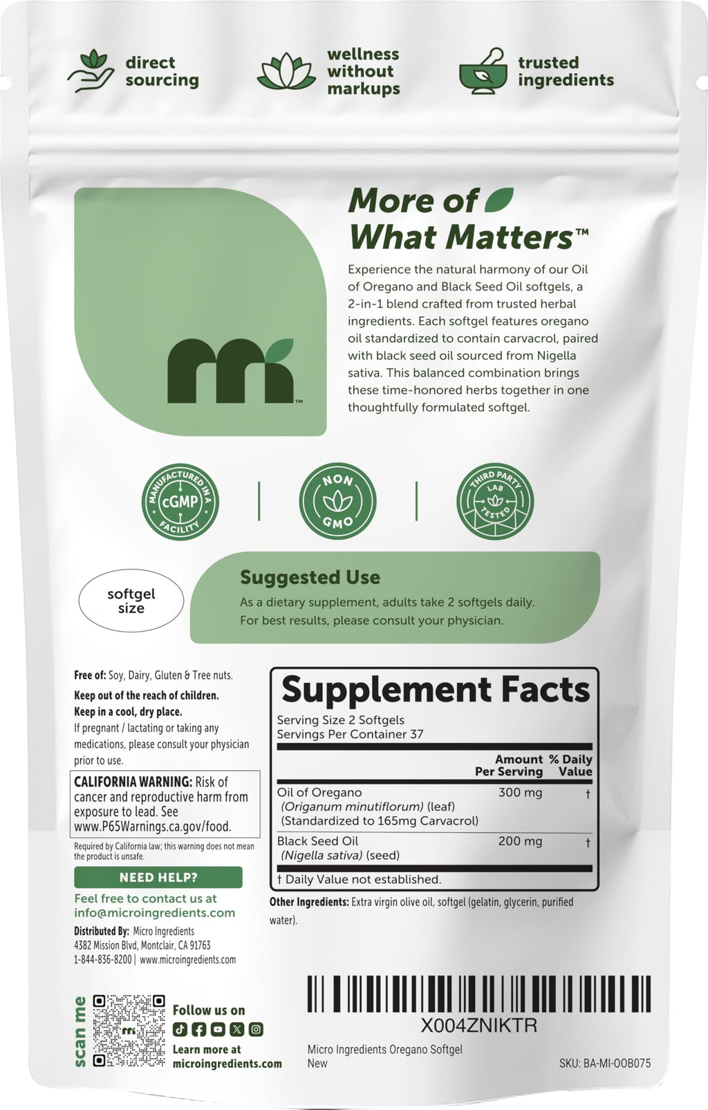 Micro Ingredients Oil of Oregano Softgels Per Serving | 2 in 1 Formulated with Black Seed Oil, 4X Strength Carvacrol & Thymoquinone | Plant Based, Non-GMO & Immune Support*