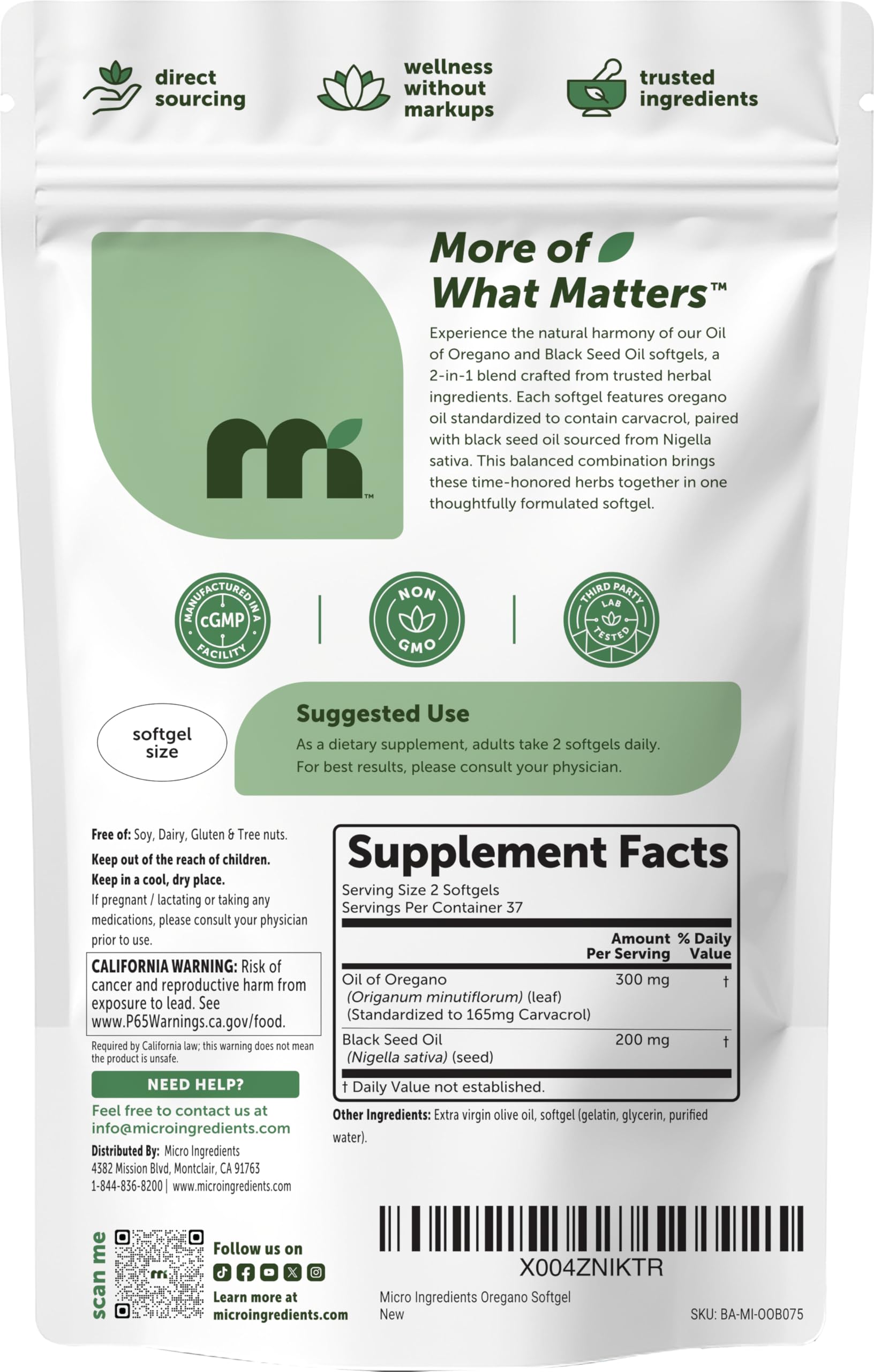 Micro Ingredients Oil of Oregano Softgels Per Serving | 2 in 1 Formulated with Black Seed Oil, 4X Strength Carvacrol & Thymoquinone | Plant Based, Non-GMO & Immune Support*