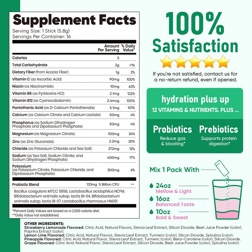 Venture Pal 2-in-1 Hydration Packets + Gut Health Electrolytes Powder - 7 Electrolytes & 5 Vitamins, Probiotics - Sugar Free Liquid Daily IV Drink Mix for Dehydration Relief | Non-GMO | 16 Sticks