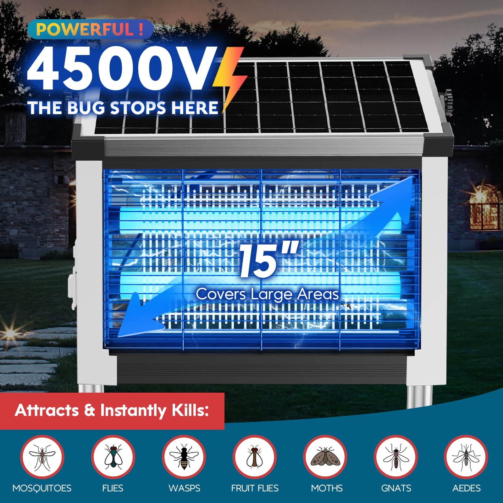 Solar Bug Zapper Outdoor, PhatroyYee Mosquito Zapper 4500V, Waterproof Portable Fly Zapper, Rechargeable Electric Mosquito Killer, Cordless Fly Insect Mosquito Trap for Patio Yard Home Garden Camping