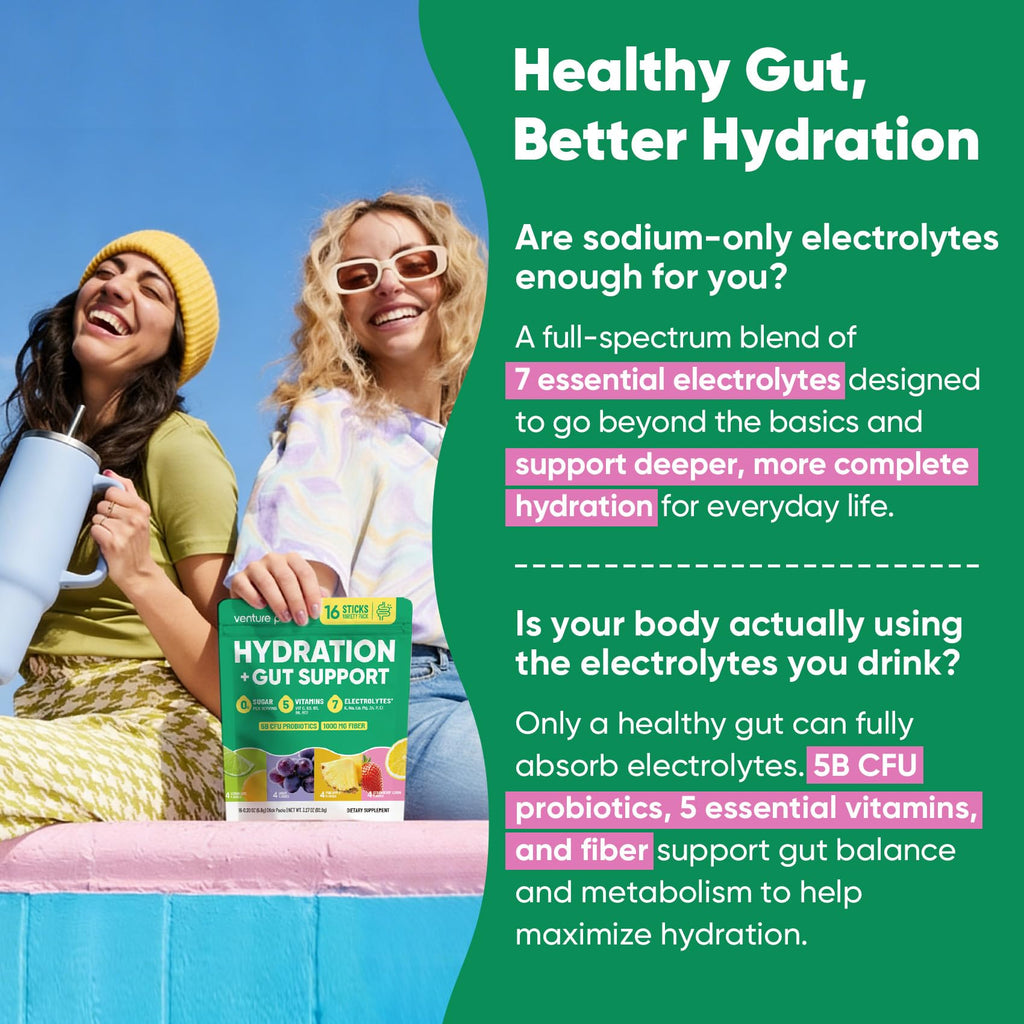 Venture Pal 2-in-1 Hydration Packets + Gut Health Electrolytes Powder - 7 Electrolytes & 5 Vitamins, Probiotics - Sugar Free Liquid Daily IV Drink Mix for Dehydration Relief | Non-GMO | 16 Sticks