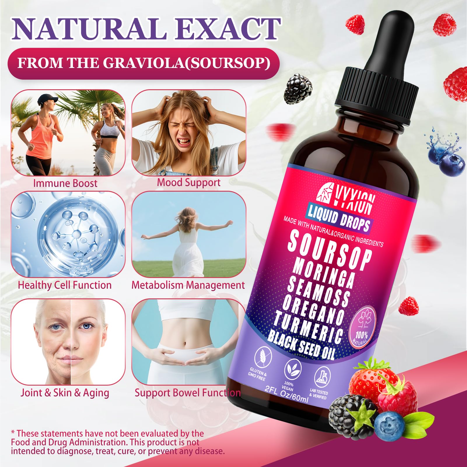 Vyxion Soursop Bitters Liquid Drops 10 in 1, Extracts for Overall Health-Enhancing | Vegan, Non-GMO