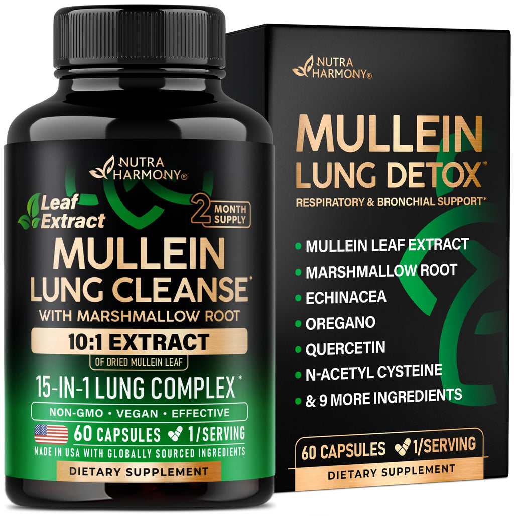 NUTRAHARMONY Mullein Lung Detox - Mullein Leaf Extract - Marshmallow Root | Echinacea | Oregano | Quercetin | NAC - 15-in-1 Lung Support & Cleanse for Smokers Supplement - Made in USA