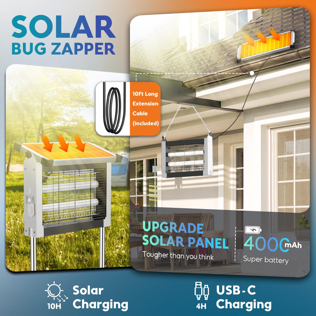 Solar Bug Zapper Outdoor, PhatroyYee Mosquito Zapper 4500V, Waterproof Portable Fly Zapper, Rechargeable Electric Mosquito Killer, Cordless Fly Insect Mosquito Trap for Patio Yard Home Garden Camping