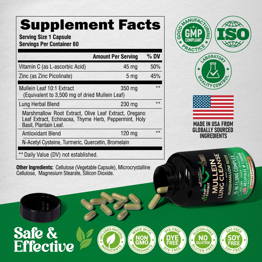 NUTRAHARMONY Mullein Lung Detox - Mullein Leaf Extract - Marshmallow Root | Echinacea | Oregano | Quercetin | NAC - 15-in-1 Lung Support & Cleanse for Smokers Supplement - Made in USA