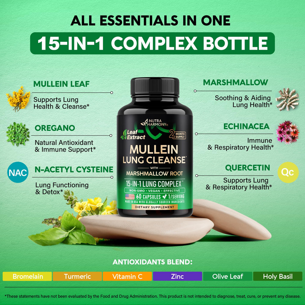 NUTRAHARMONY Mullein Lung Detox - Mullein Leaf Extract - Marshmallow Root | Echinacea | Oregano | Quercetin | NAC - 15-in-1 Lung Support & Cleanse for Smokers Supplement - Made in USA
