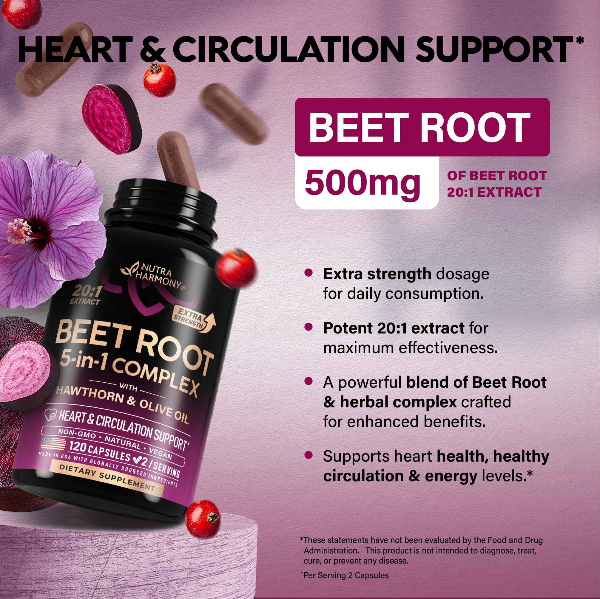 Beet Root Capsules - Healthy Blood Pressure Support Supplement** for Heart & Circulation Support - with Hawthorn Berry, Hibiscus & Garlic - Nitric Oxide for Energy - Made in USA