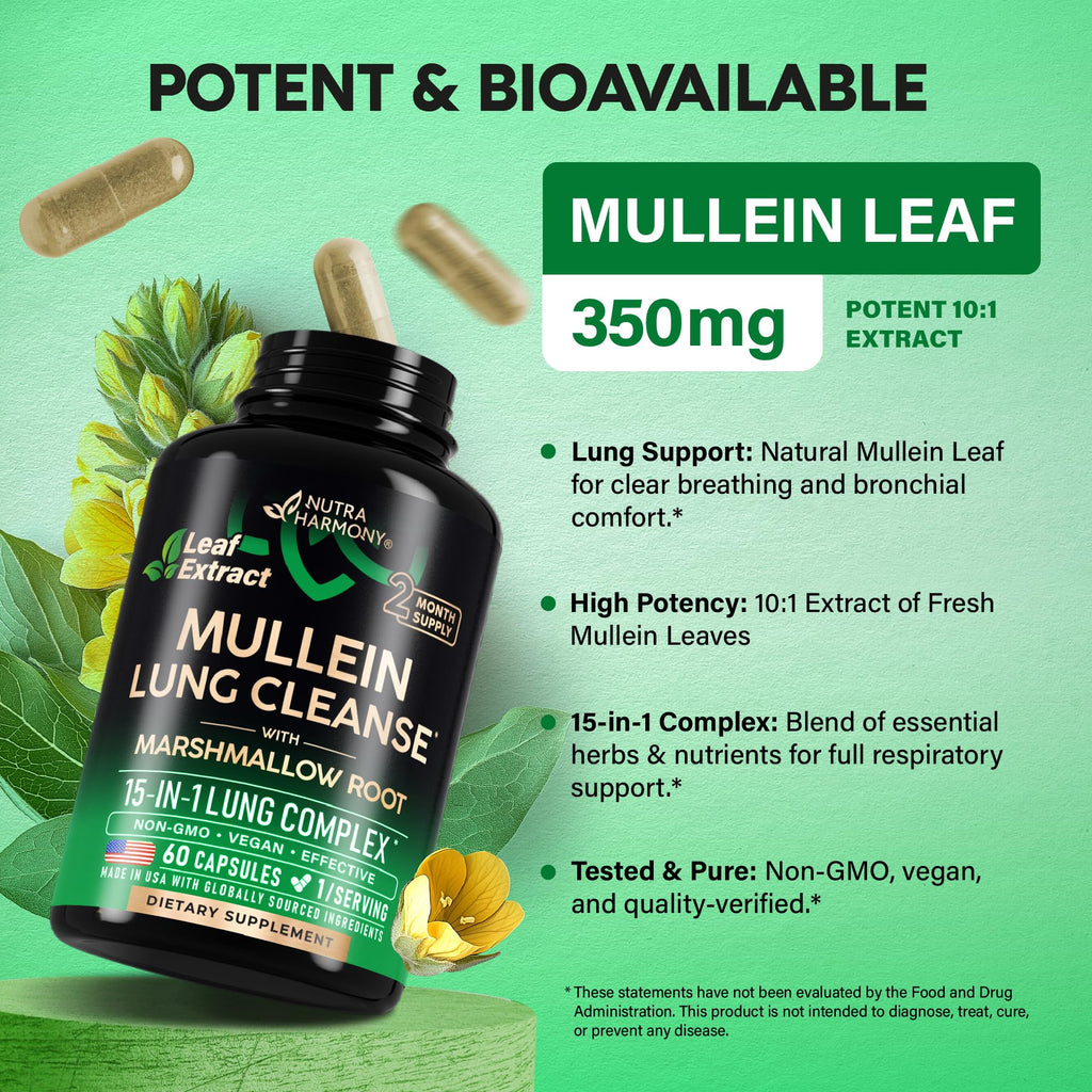 NUTRAHARMONY Mullein Lung Detox - Mullein Leaf Extract - Marshmallow Root | Echinacea | Oregano | Quercetin | NAC - 15-in-1 Lung Support & Cleanse for Smokers Supplement - Made in USA